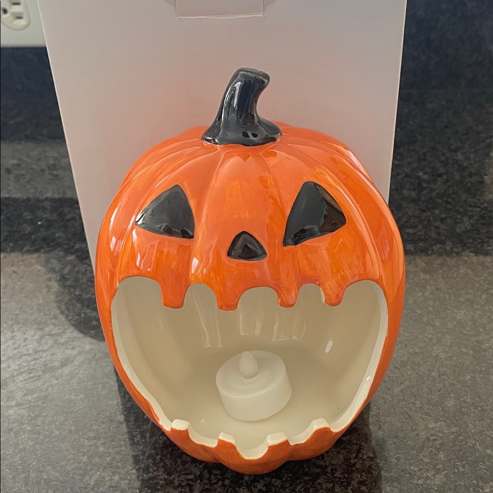 New pumpkin decoration can use with a candle or fill with candy. Tea lite inclu